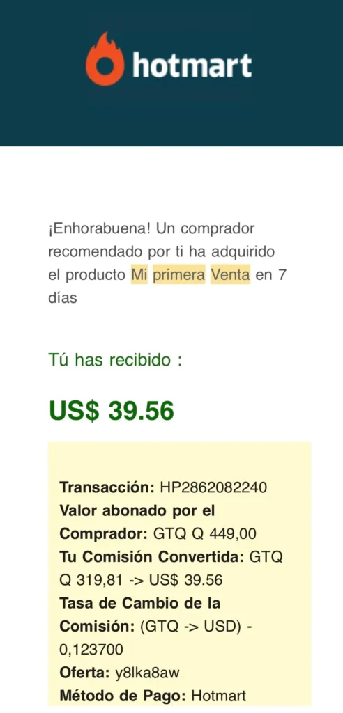 captura de una venta obtenida tras aplicar estrategias de marketing de afiliacion aprendidas durante mi experiencia en partner 360
